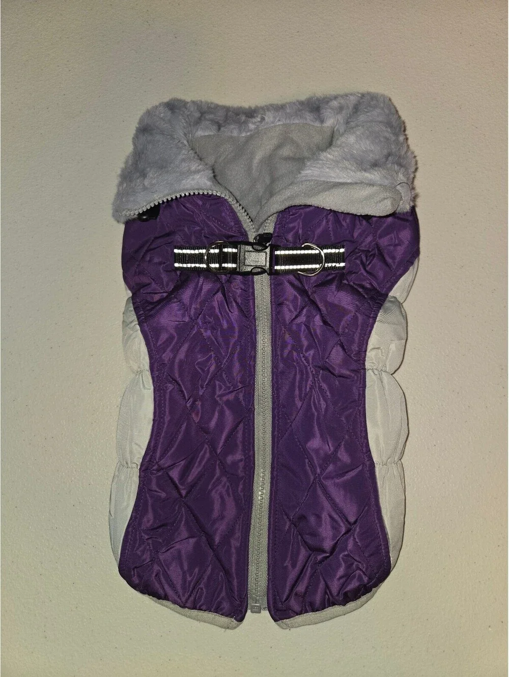 Purple and Gray Medium Dog Winter Coat with Reflective Stripes and Belt